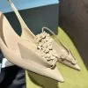 Slingback Pointed Toe Kitten Heel Dress Sandals Polished Cowhide Origami Flower Party Evening Shoes Women's Luxury Designer Slip Shoes 35-42 med låda