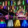 Decoraciones Led Solar LED MeteorLas luces de lluvia Luces de cuerda de vacaciones Luz de jardín impermeable 8 Tubos 144 LED Decoración de bodas de Navidad