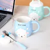 Mugs Ceramic Cartoon Coffee Mug With Lid And Spoon Set Cute Breakfast Milk Office Drinking Water Cup Teacups Drinkware 380ML