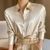 Lucyever Korean Fake Silk Satin Shirts Ladies High Quality Turndown Collar Office Satin Blouse Spring Long Sleeve Blusa 240426