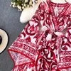 Casual Dresses Summer Bohemian Blue And White Porcelain Print Chiffon Dress Women Clothing Sexy V-Neck Flare Sleeve Belt Lace Up Maxi