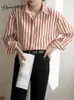 Women's Blouses Yitimuceng gestreepte shirts voor vrouwen 2024 Modekantoor Dames wijzigen een sleutel knoop omhoog Blouse vintage casual lange mouw