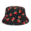 Breda Brim Hats Bucket 2024 Retro Tryckt fiskehatt Summer Fisherman Reversible Watermelon Womens Street Hip Hop Q240427
