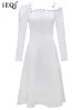 Casual Dresses Fashion Elegant Off The Shoulder Dress White Square Collar Long Sleeve Solid Slim A-Line For Women 2024 3WQ3086