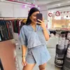 2024 Summer Women Blue Denim Skirt traje de 2 piezas Floja Set de manga corta con camisa de bolsillo y calle femenina irregular 240426