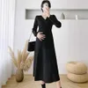 Maternity Dresses Pregnant Womens Dress 2023 Autumn/Winter New Knitted Long sleeved Fashion Wide V-neck Mid length Q240427