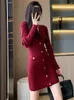 Casual jurken JXMYY mode elegant temperament slanke trui jurk Basis 2024 herfst rood gebreide dameskleding met lange mouwen