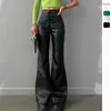 Frauenhose Mode PU Leder Schnürung Flare Autumn Streetwear Kleidung Solid Color Casual High Taille täglich Hosen