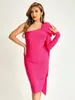 Casual Dresses High Quality Rose Red 2024 Women's Sexy One Shoulder Long Sleeped Draped Backless Bandage Dress Elegant Evening Party