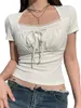 여자 T 셔츠 Y2K Square Neck Crop Top Women Lace Trim Slim Fit Short Sleeve Low Cut 단단한 티셔츠 기본 티 셔츠 파티웨어