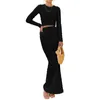 Work Dresses Women Sexy 2 Pieces Outfits Ruched Crew Neck Long Sleeve Short Tops Skirts Clothes Set