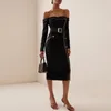 Casual Dresses Women Elegant Black Zipper Belt Off Shoulder Midi Slim Fit Bandage Dress Vestidos Para Mujer Birthday Evening Cocktail Party