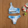 Set Girls Printed Slanted Shoulder Hollow Girls Hot Spring Swimsuit Bikini White and Blue Croped Top + Shorts Twopiece Set 613t
