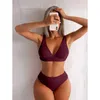 Frauen Badebekleidung 2023 Neue sexy sexy V-Ausschnitt Ribbed Bikini High Taille Badeanzug Frauen Solid Push Up Bading Bathing Anzug Bikini Set Beachwear