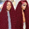 Synthetic Wigs 200 density 13x4 deep curly lace front wig 99J Burgundy 30 32 inches red HD wave human hair Q240427