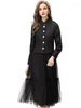 ワークドレスゲディボン秋のファッションデザイナーブラックヴィンテージスカートセット女性スタンドカラーボタンスリムコートメッシュフリルロング2ピース