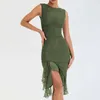 Urban Sexy Dresses Ruffle Midi Dress Women Robe Summer New 2023 Green Backless Dress Slest Irregular Club Party Sexig Black Dress Vestido D240427