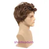 Mens wig headband dark brown short curly hair synthetic fiber mechanism wigs