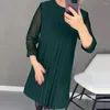 Casual Dresses Women Dress Three Quarter Mesh Sleeve Solid Color Loose Rund Neck Soft Pleated Pullover Kne Length Autumn Spring Midi