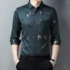 Men's Casual Shirts Korean Fashion Printed Spring Summer Mens Long Sleeve Social Causal Lapel Shirt Middle Aged Slim