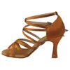 Chaussures de danse dames latin marron satin hauts talons larges 9cm 8cm 7cm 6cm salsa salle de bal