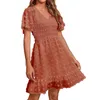 Casual Dresses Women's V Neck Smocked Short Sleeve Dress Dot Swing Flowy Ruffle Hem Beach Summer Vestidos Verano Moda 2024