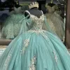 Mint groene kralen linten lieverd quinceanera jurken baljurk prinses appliques kanten corset vestidos de 15 anos