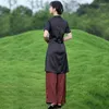 女性のブラウス中国スタイルの改善ハンフーエクサイト刺繍された女性のための長いシャツ2024夏エレガントな黒いスリムレースアップパーティーブラウス