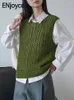 Women's Sweaters ENjoyce Women Vintage Green Knitted Vest Ladies Korean Fashion Tank Tops Camisole Sleeveless Hollow Out Knitwear Pullovers