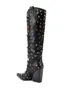 Stövlar kvinnor lyxiga kristall cowboy svart spetsiga tå glitter knä höga klackar blixtlås stor storlek 44 designer skor