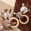 Mobiles# OOTDTY Crochet Elk Bunny Rattle Toys Wooden Baby Pram Clip Baby Gym Stroller Hanging Pendant Newborn Crib Mobile Rattle Toys d240426
