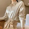 Lucyever Korean Fake Silk Satynowe koszule Damie Wysokiej jakości stężenie kołnierza biuro Praca Satynowa Bluzka Sprężyna długi rękaw Blusa 240426