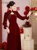 Casual Dresses Chinese Style Toast Dress Bride Cheongsam Autumn/Winter 2024 Engagement Långärmad vinterröd bröllop för kvinnor