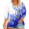 Kvinnors T-skjortor 3/4 ärm för kvinnor Skriv ut grafiska tees-knapp V-Neck Bluses Casual Plus Size Basic Tops Pullover Hauts Grande Taille