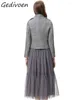 ワークドレスゲディボン秋のファッションデザイナーブラックヴィンテージスカートセット女性スタンドカラーボタンスリムコートメッシュフリルロング2ピース