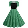 L Womens Hepburn Square Collar Kort ärm stor svängpolka dot retro klänning