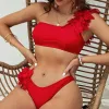 Set 2024 Mayo Kırmızı Bikini Kadın Mayo Çiçek Bir Omuz Mayo Mayosu Takım Plaj Giyim Bandeau Biquini