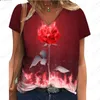 Dames T-shirts 2024 Zomer Fashion Rose Sunflower 3D Digitale printen Korte mouw T-shirt V-hals Casual forens Top