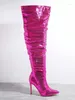 Boots 2024 Laser Shiny Leather Pointy Toe Solid Fitted Zipper Thin High Heels Over The Knee Autumn Party Dress Shoes 44