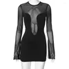 Casual Dresses Summer For Women 2024 In Mesh Short Mini Long Sleeve Skirt Party See Through Night Club Outfits Coquette Sexy Dress