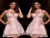 Elegant Pink Short Cocktail Dresses 2019 High Neck Applique Lace Homecoming Dresses Sheer Cheap A Line Prom Party Gowns50558175929563