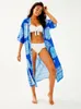 Partykleider 2024 Blau Bohemian bedruckte halbe Ärmel Lange Baumwollwomen Tops Bluse Sexy Sommer Beach Kimono Strickjacke Q837