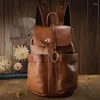 Backpack Large Capacity Man Travel Bag Handmade Oil Genuine Leather Drawstring Bucket Shoulder Daypack Male Mountaineering