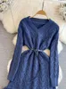 Casual jurken Cledeland vrouwen zoete breien kwastje jurk riem v nek lange mouw een lijn vrouwelijke schattige mode chic mini qd262