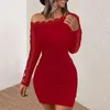 Casual Dresses Knitted Fabric Dress Elegant Lace Patchwork Off Shoulder Bodycon For Women Autumn Winter Long Sleeve Wrapped Party