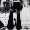 Calça feminina y2k veludo gótico Veja através de inverno malha de retalhos grunge streetwear vintage preto e garota flare 2024