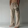 Męskie spodnie Summer męskie luźne spodni codziennie noszenie solidne miękkie lniane spodnie średnie kieszenie w talii sznurki streetwearl2404