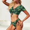 Frauen Badebekleidung Tropischer Palmblatt Bikini Badeanzug Schub -Up Green Print Set Vintage Custom Badeanzug sexy Surf Beachwege