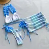 Frauen Badebekleidung Blau gestreifter Druck 3 Stück Badeanzug 2024 Rüschen Bikini Set sexy Dreieck Hosentender Sommer Beach Urlaub