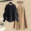 Herbst/Winter Korean Elegant Spleiß gefälschte zweiteilige Strickpullover Kleiderantriebs -Set Womens Chic Pullover Rock Set 240418